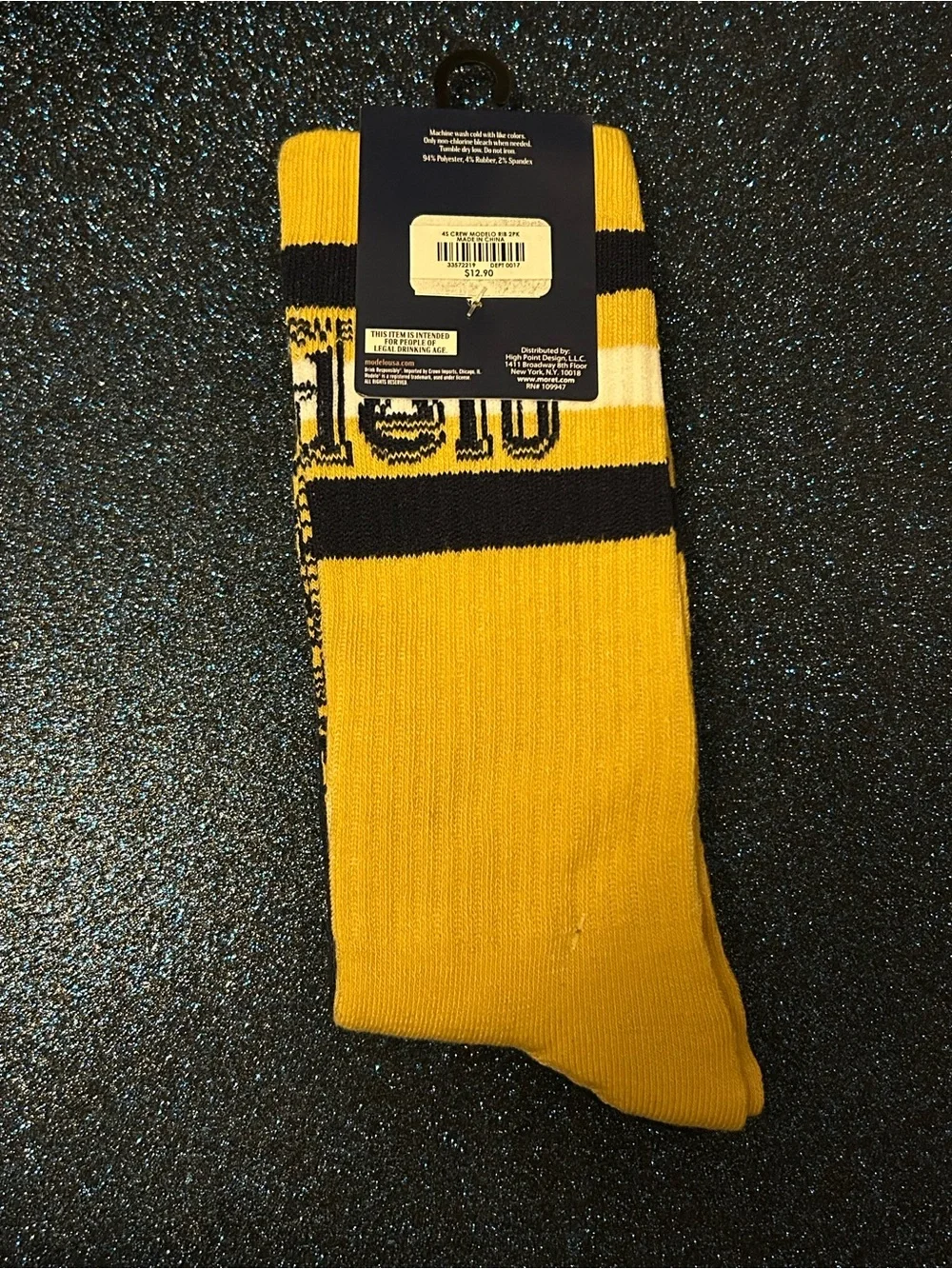 ModelCo Luchador Crew Socks - Black & Yellow sock size 10-13 two pack